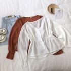 Plain V-neck Single-breasted Flare-sleeve Blouse