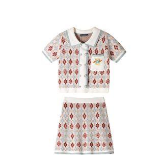 Set: Print Short Sleeve Knitted Crop Top+print Knitted Skirt