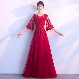 Bell Sleeve Lace Evening Gown