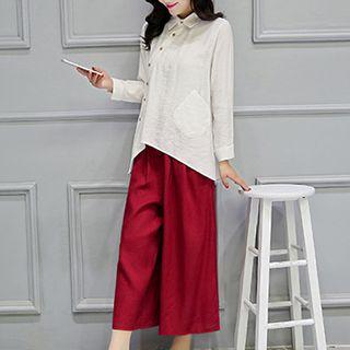 Set: Side-button Blouse + Buttoned Wide-leg Cropped Pants