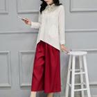 Set: Side-button Blouse + Buttoned Wide-leg Cropped Pants