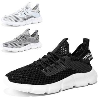 Lettering Strap Mesh Lace-up Athletic Sneakers