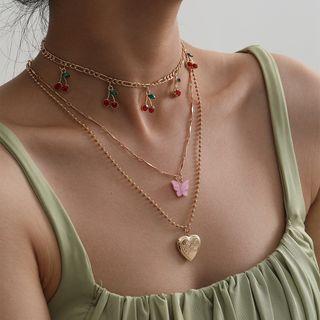 Rhinestone Cherry Butterfly & Heart Pendant Layered Necklace 822 - Gold - One Size