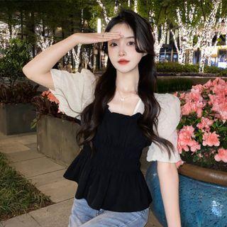 Elbow-sleeve Square Neck Two-tone Blouse