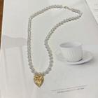 Faux Pearl Alloy Heart Pendant Necklace Gold - One Size