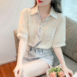 Short-sleeve Striped Neck Tie Shirt