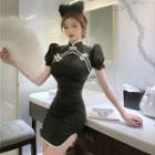 Puff-sleeve Mandarin Collar Mini Bodycon Dress