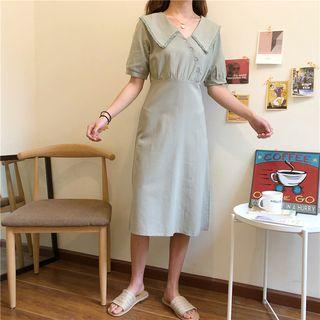 Short-sleeve Collared Side Buttoned Midi A-line Dress