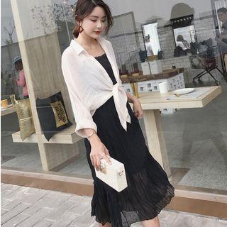 Plain Long-sleeve Shirt / Strappy A-line Midi Dress