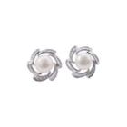 Sterling Silver Fashion Simple Geometric Freshwater Pearl Stud Earrings Silver - One Size