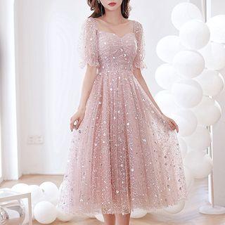 Short-sleeve Sequin Mesh Cocktail Dress