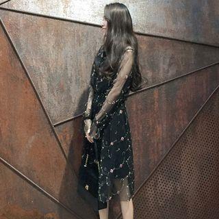 Set: Floral Embroidered Long-sleeve Mesh Dress + Slipdress