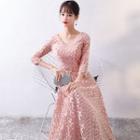V-neck Fringed Trim 3/4-sleeve Evening Gown