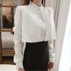 Set: Long-sleeve Paneled Blouse + Slit-back Pencil-cut Skirt