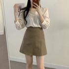Long-sleeve Square-neck Blouse / Mini A-line Skirt