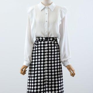 Plain Shirt / Argyle Print Midi A-line Skirt