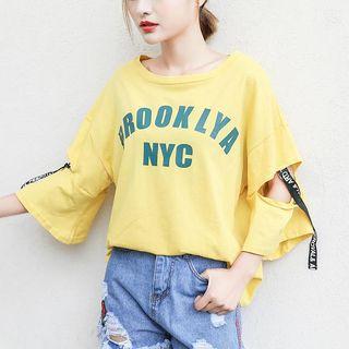 Lettering Cutout 3/4 Sleeve T-shirt