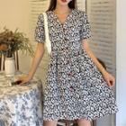 Short-sleeve Floral Print Mini A-line Dress Floral - Black & White - One Size