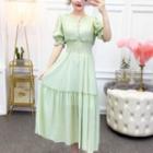 V-neck Short-sleeve Midi A-line Dress Green - One Size