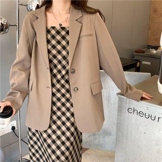 Spaghetti Strap Gingham Midi Shift Dress / Plain Single-breasted Blazer