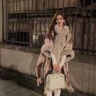 3/4-sleeve Hooded Plaid Fluffy Trim Jacket Red & Almond - One Size