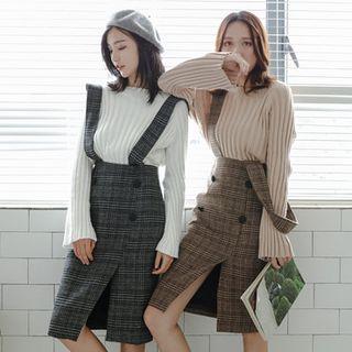 Suspender Plaid Knit Midi Skirt