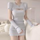 Set: Short-sleeve Ribbed Knit Dress + Arm Sleeves