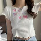 Short-sleeve Heart Embroidered Ribbed T-shirt