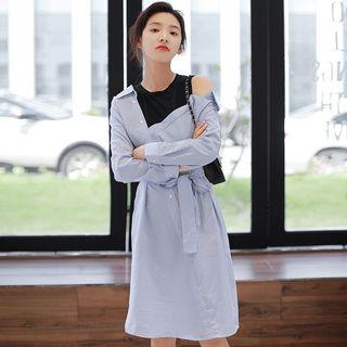 Mock Two-piece Striped Cold-shoulder Shift Dress