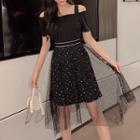 Cutaway-shoulder Mesh-panel Midi Dress