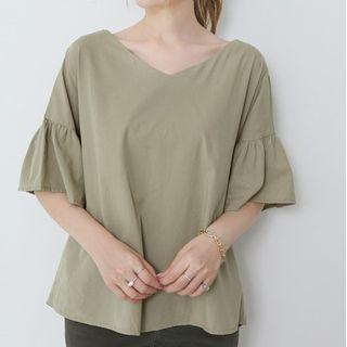 Wide-sleeve Plain Blouse