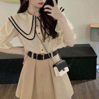 Puff-sleeve Sailor Collar Blouse / Pleated A-line Skirt / Belt / Set