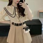 Puff-sleeve Sailor Collar Blouse / Pleated A-line Skirt / Belt / Set