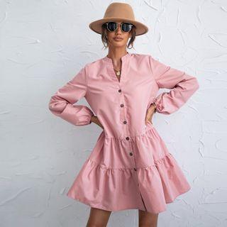 Long-sleeve V-neck Plain Ruffle Trim Midi Dress