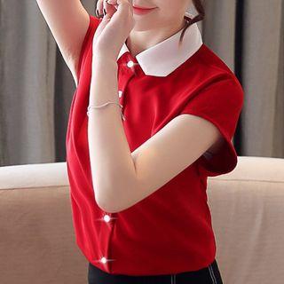 Short-sleeve Color Matching Button Blouse