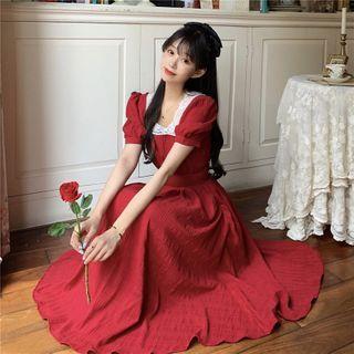 Lace Trim Puff-sleeve Maxi A-line Dress