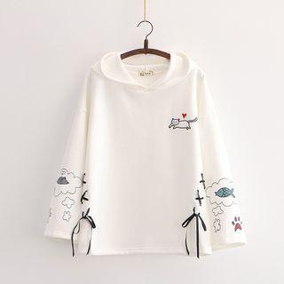 Cat Embroidered Lace-up Fleece-lined Hoodie