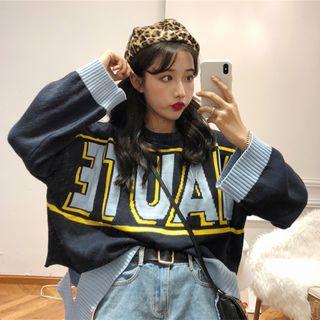 Lettering Loose-fit Sweater Blue - One Size