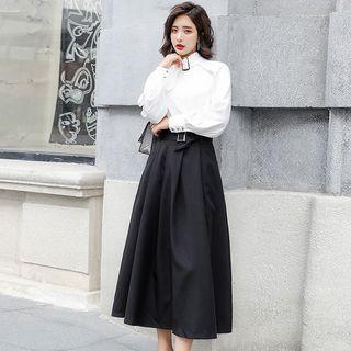 Set: Mock-neck Blouse + High Waist Midi A-line Skirt