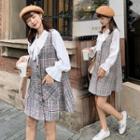 Set: Plaid Vest + Long Plain Shirt Dress