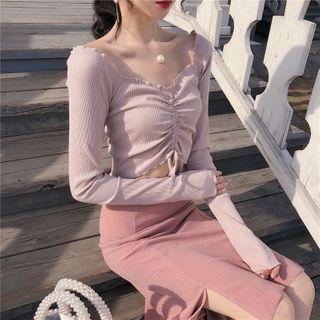 Long-sleeve Frill Trim Drawcord Crop Top