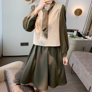 Set: Puff-sleeve A-line Dress + Knit Vest