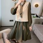 Set: Puff-sleeve A-line Dress + Knit Vest