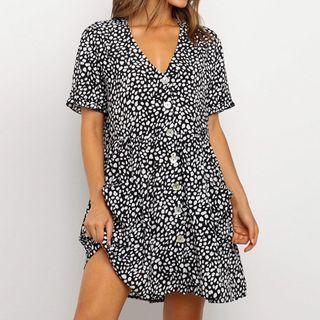 Short-sleeve Leopard Print Button-up Mini A-line Dress