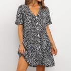 Short-sleeve Leopard Print Button-up Mini A-line Dress