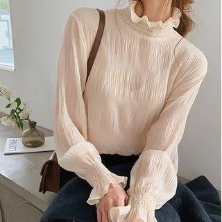 Bell-sleeve Mock-neck Crinkle Blouse