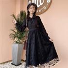 Long-sleeve Tie-neck Midi A-line Lace Dress Black - One Size