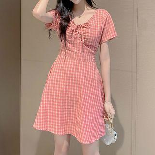 Drawstring Checked Short-sleeve A-line Dress