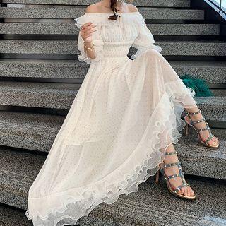 Elbow-sleeve Sheer A-line Maxi Dress