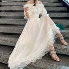 Elbow-sleeve Sheer A-line Maxi Dress
